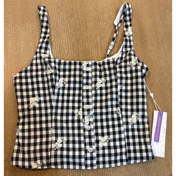 Lotus & Lavender TanK Top M Black White Gingham Floral Button Front Crop - Picture 6 of 7